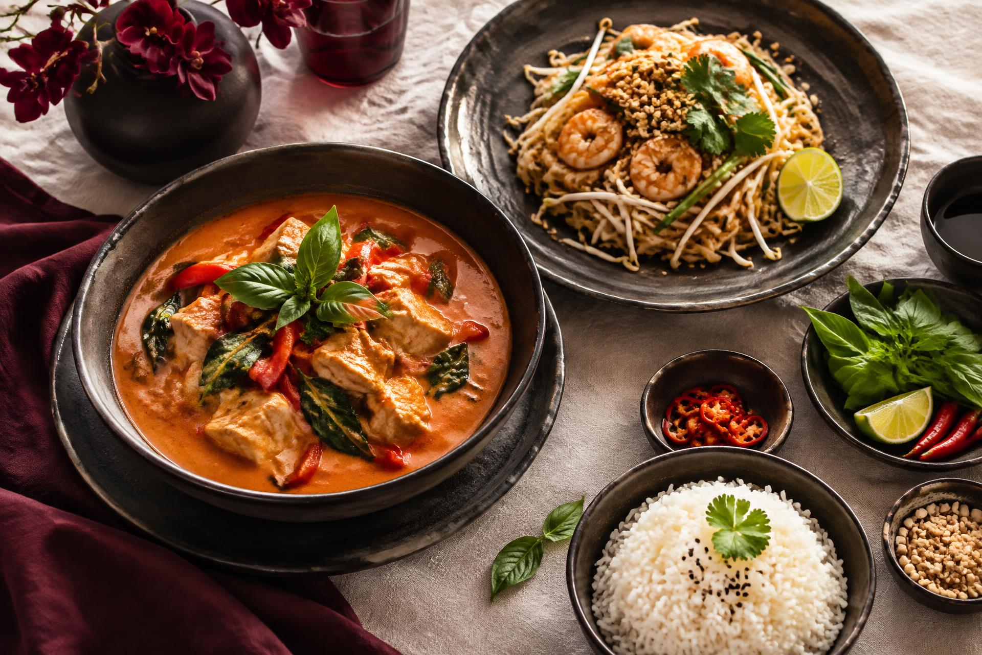 Illustrativ matbild med thailändsk curry, pad thai och ris